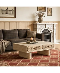 Clihome Modern Round Corner Coffee Table with Patterned Wood Drawer, Mdf Low Profile Accent Table