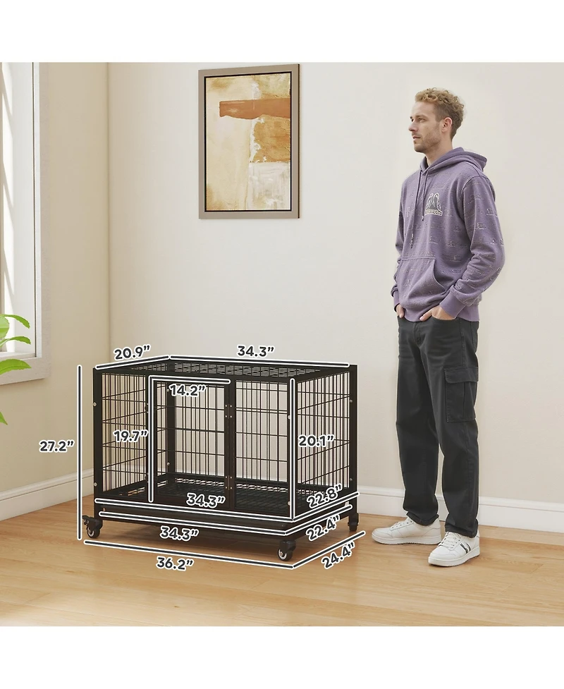 Ruie 36 Inch Heavy Duty Dog Crate with Double Doors Removable Tray and Rolling Casters