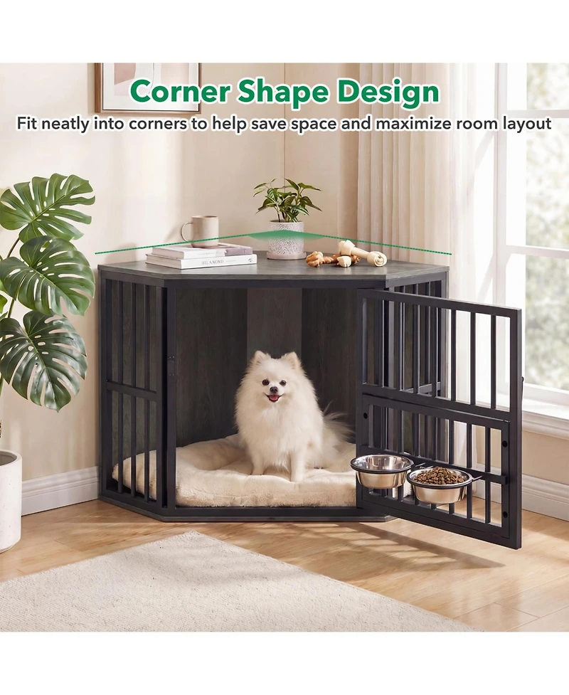 Ruie 35.5 Inch Wooden Dog Kennel End Table with 3 Position Bowl Rack
