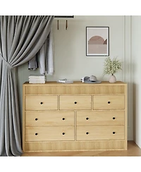 homfan 54" Wide Oak Finish 7-Drawer Fluted Dresser, Modern Wood Storage Chest