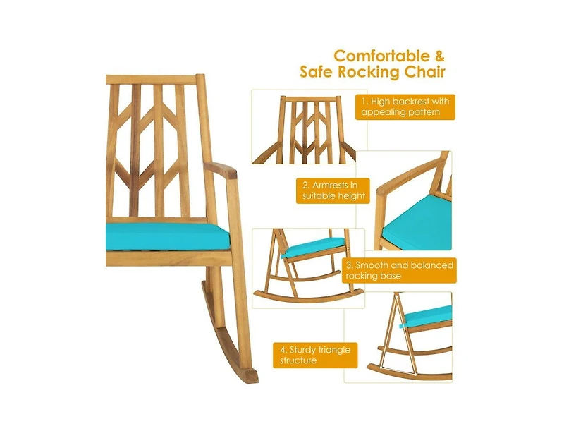 Lucky One Patio Acacia Wood Rocking Chair with Cushion Armrests Outdoor Sofa