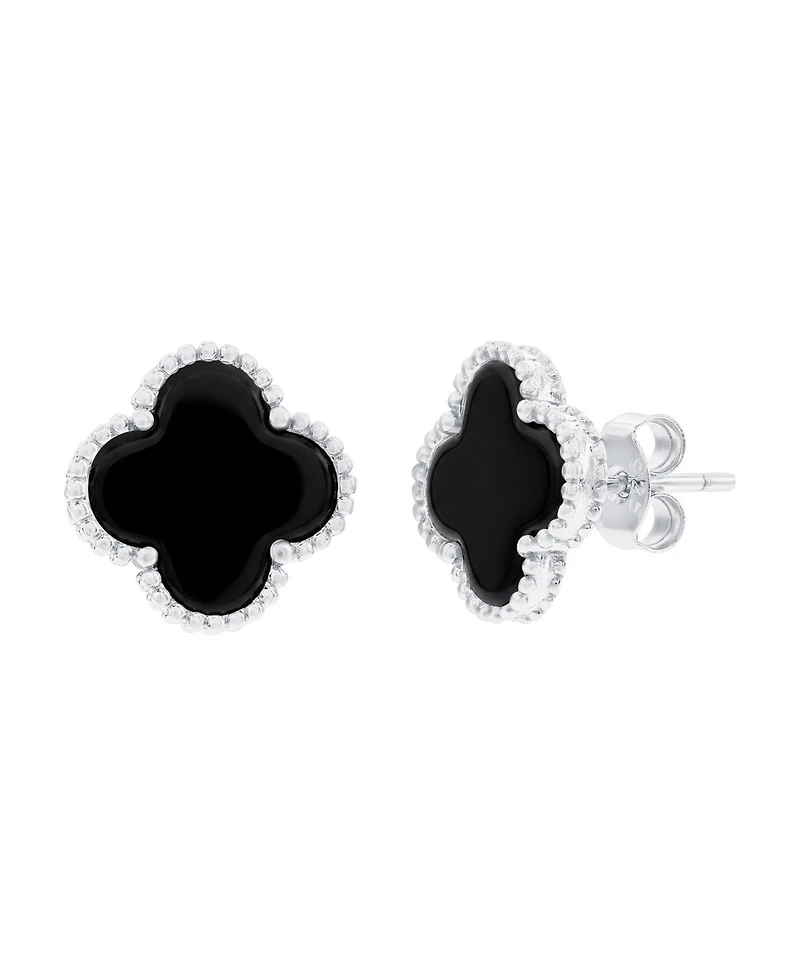Simona Sterling Silver Onyx Clover, Beaded Outline Studs