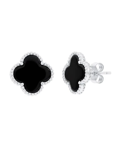 Simona Sterling Silver Onyx Clover, Beaded Outline Studs