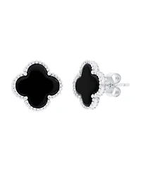 Simona Sterling Silver Onyx Clover, Beaded Outline Studs