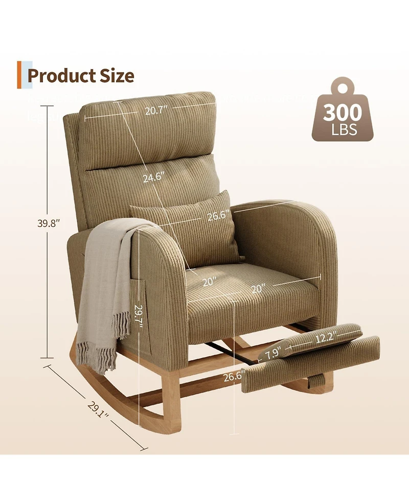homfan Rocking Chair with Footrest, Linen Glider Chair with Side Pockets, Nursery Chair with Pillow, Rocking Accent Armchair