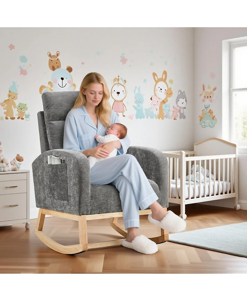 homfan Set of 2 Modern Rocking Chair, Nursery High Back, Side Pocket,Upholstered Glider Armchair with Rubber Wood Legs