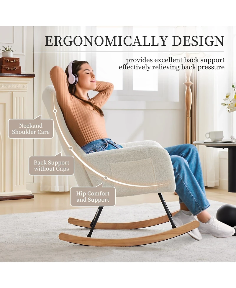 homfan Modern Nursery Rocking Chair, 300lbs Teddy Upholstered Glider with Side Pockets, High Backrest, Armrests, Metal Legs and Wood Base