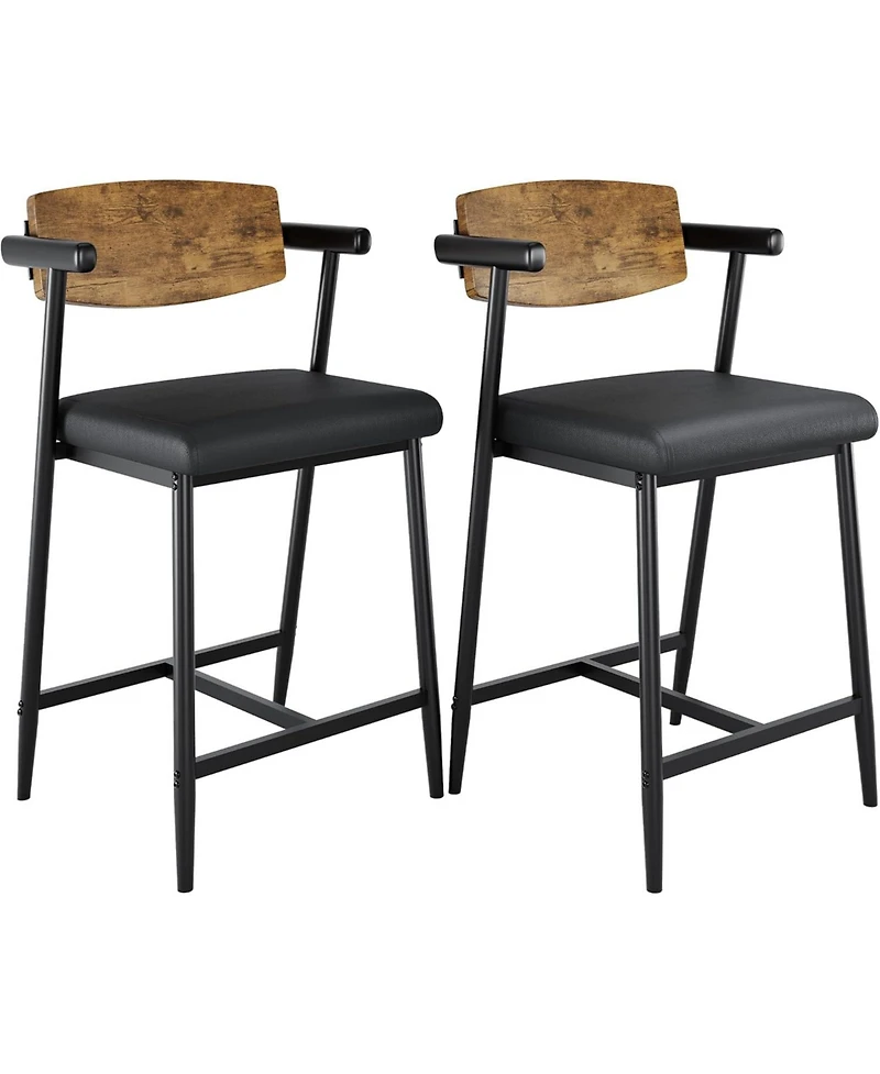 homfan Set of 2 Bar Stools with Arms, Wood Back and Footrest, 26" Counter Height