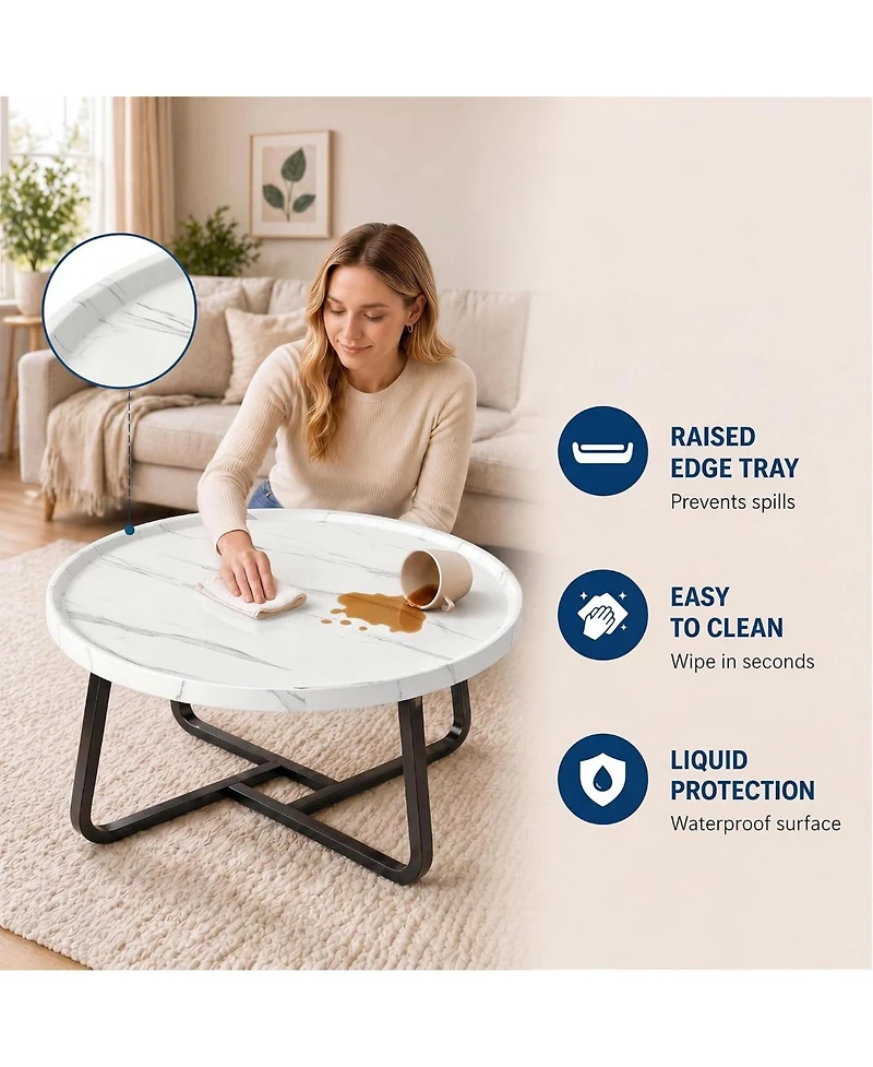 homfan 19.69" Round Industrial Coffee Table, White Wood-Look Top, Modern Accent Table for Living Room