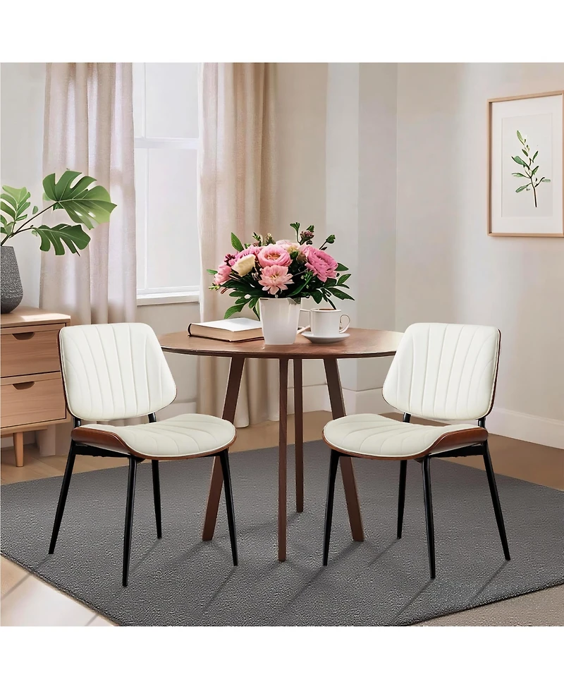 homfan Mid-Century Dining Chairs Set of 2, Shell-Pattern Backrest, Pu Leather Seat, Metal Legs