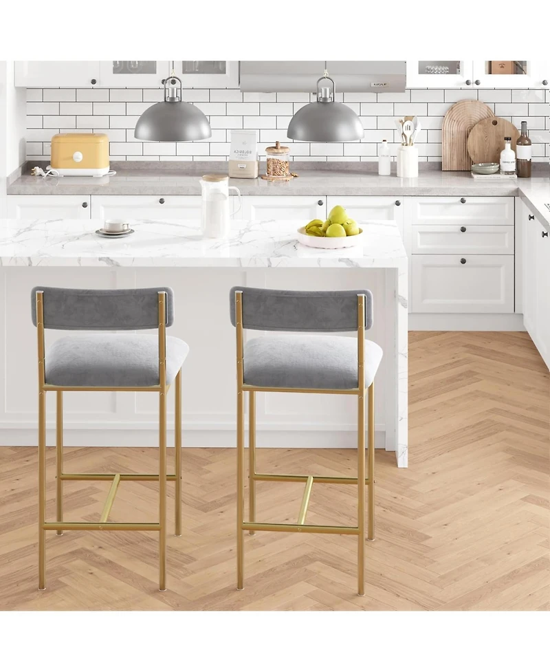 homfan Set of 2 Velvet Counter Height Bar Stools with Backrest and Footrest