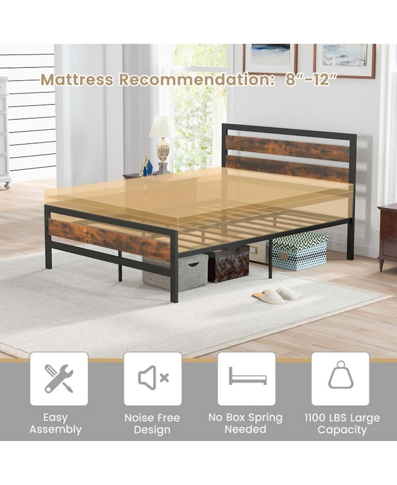 Gouun Full Size Industrial Metal Bed Frame with Rustic Headboard and Footboard