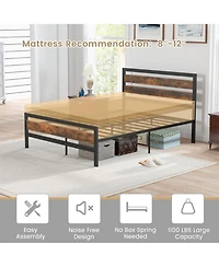 Gouun Full Size Industrial Metal Bed Frame with Rustic Headboard and Footboard