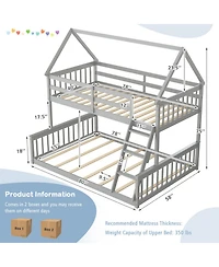 Gouun Twin Over Full Solid Pine House Bunk Bed with 12 Inch Guardrails