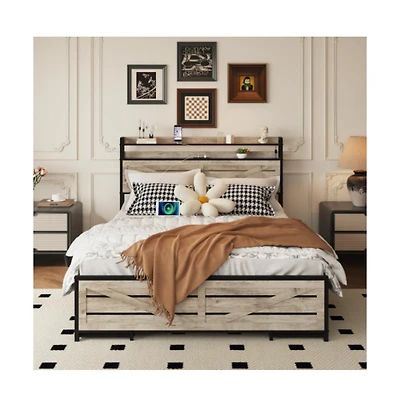 Lucky One Full Size Bed Frame with Storage Headboard, 12 Drawers, Led Lights, Charging Station, Anti-Slip Metal Slats, No Box Spring Needed