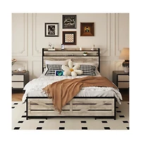 Lucky One Full Size Bed Frame with Storage Headboard, 12 Drawers, Led Lights, Charging Station, Anti-Slip Metal Slats, No Box Spring Needed