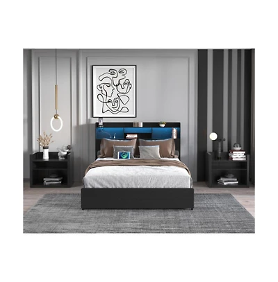 Lucky One Queen Size Bed Frame with 4 Storage Drawers, Storage Headboard, Led Lights, Usb Charging Station, No Box Spring Needed