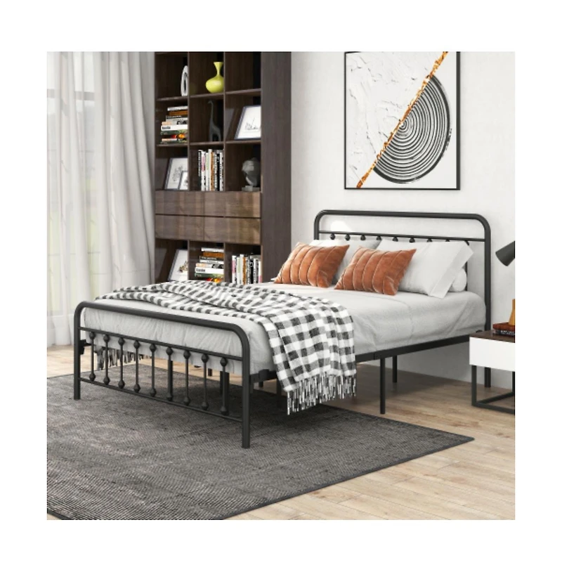 Lucky One Queen Size Metal Platform Bed Frame with Victorian Headboard and Footboard, Steel Slats, No Box Spring Needed, Under-Bed Storage