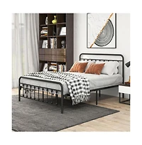 Lucky One Queen Size Metal Platform Bed Frame with Victorian Headboard and Footboard, Steel Slats, No Box Spring Needed, Under-Bed Storage