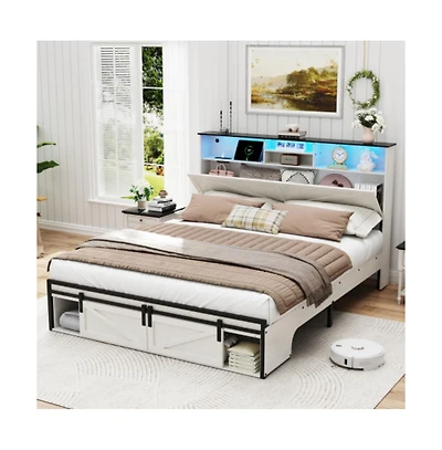 Lucky One Queen Size Farmhouse Bed Frame with Storage Headboard, Usb Charging Station, Led Lights, Wooden Slats, No Box Spring Needed