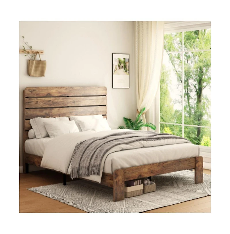 Lucky One Queen Size Wood Platform Bed Frame with Metal Frame, Industrial Style, Wood Slats, No Box Spring Needed
