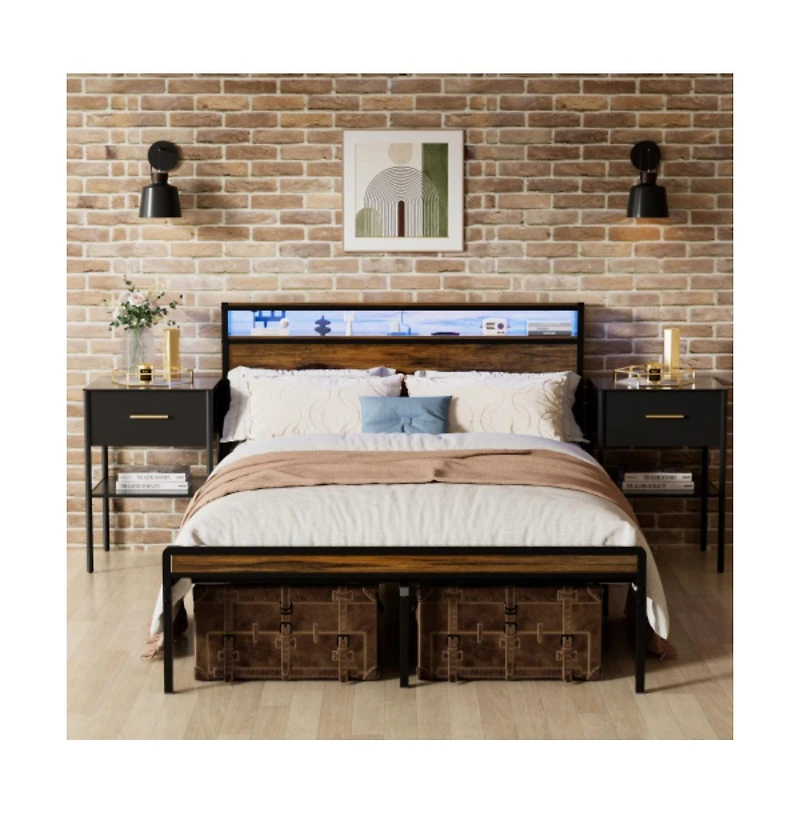 Lucky One Queen Size Bed Frame with Storage Headboard, Led Lights, Usb Charging Station, Metal Slats, No Box Spring Needed