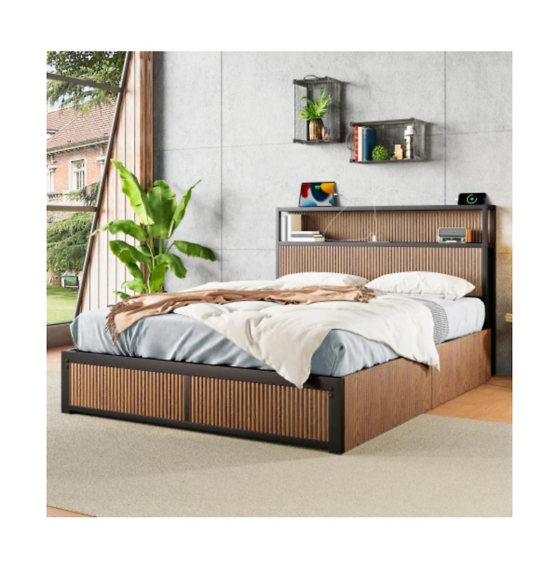 Lucky One Queen Size Wooden Platform Bed Frame with Multiple Drawers Storage, Usb Socket, Raised Pattern Headboard, No Box Spring Needed