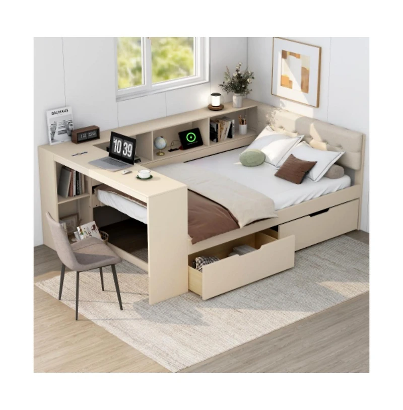 Lucky One Full Size Wood Platform Bed with Storage Shelves, Drawers, Usb Charging Station, Upholstered Headboard, No Box Spring Needed