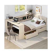 Lucky One Full Size Wood Platform Bed with Storage Shelves, Drawers, Usb Charging Station, Upholstered Headboard, No Box Spring Needed