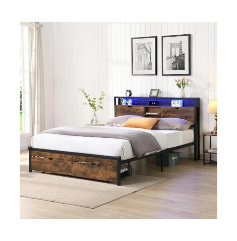 Lucky One Full Size Platform Bed Frame with Wooden Headboard and Footboard, Usb Outlets, Led Lights, 2 Drawers, No Box Spring Needed