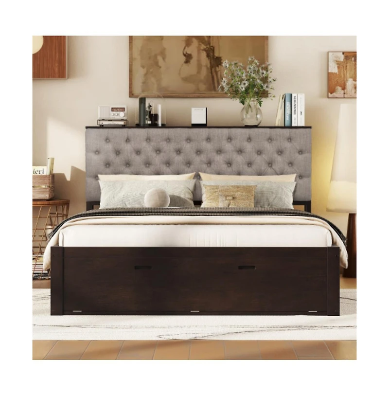 Lucky One Queen Size Wood Platform Bed with Storage Headboard, 4 Drawers, Shoe Rack, Wood Slats, No Box Spring Needed