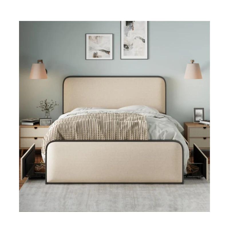 Lucky One Queen Size Modern Metal Bed Frame with Curved Upholstered Headboard and Footboard, 4 Storage Drawers, Heavy Duty Metal Slats