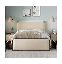 Lucky One Queen Size Modern Metal Bed Frame with Curved Upholstered Headboard and Footboard, 4 Storage Drawers, Heavy Duty Metal Slats