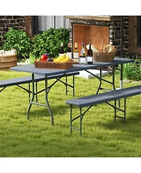 Gymax 3 pieces Folding Picnic Table Set with 6 ft Table and 2 Benches Hdpe Tabletop Bench Top