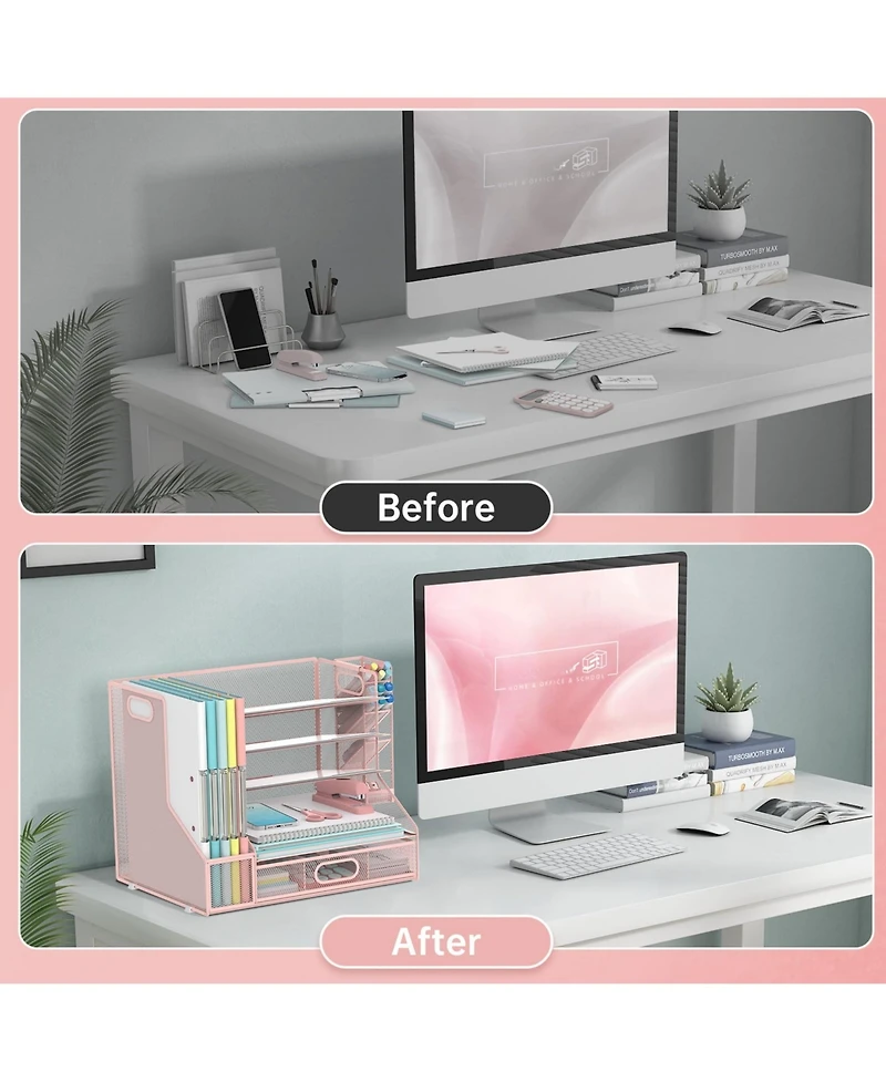 Danrong 5 Tier Mesh Desk Organizer with File Holder Tilted Sorter Pen Drawer Storage
