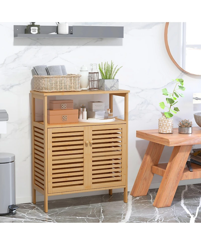 Gymax Bathroom Floor Cabinet Freestanding Bamboo Storage Organizer w/ Double Shutter Doors