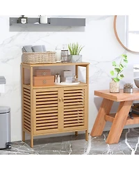 Gymax Bathroom Floor Cabinet Freestanding Bamboo Storage Organizer w/ Double Shutter Doors