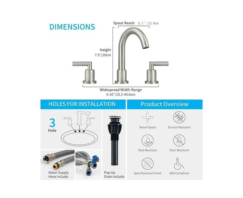 Busdays 2 Handle Brushed Nickel Bathroom Faucet Widespread 8 Inch 3 Hole 360 Degree Swivel Spout for Sink Basin