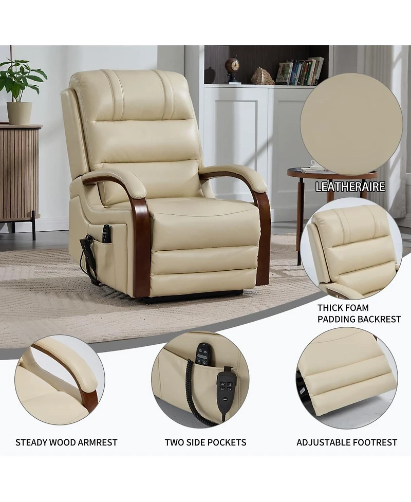 Maison Boucle Faux Leather Power Lift Chair for Elderly with Heat and Massage, Dual Motor Infinite Position Electric Recliner Solid Wood Armrests