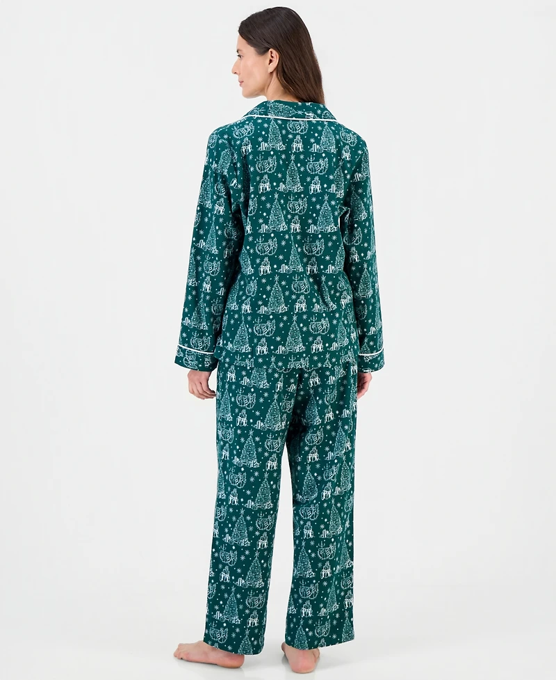 Charter Club Women's Cotton Flannel Long-Sleeve Notch Collar Pajama Top and Pants Set, Macy's Exclusive