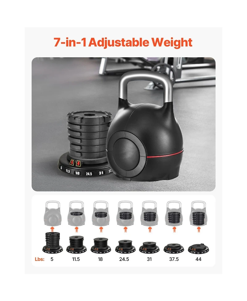 Sevorley Adjustable Kettlebell with 7 Weight Levels (5-44 lb), Die-Cast Aluminum and Abs for Full-Body Training