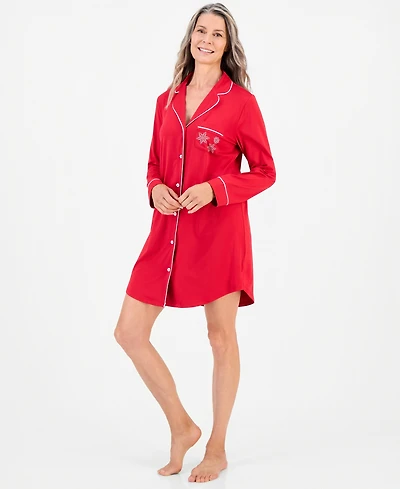 Charter Club Women's Long-Sleeve Button-Front Notched Sleep Shirt, Macy's Exclusive