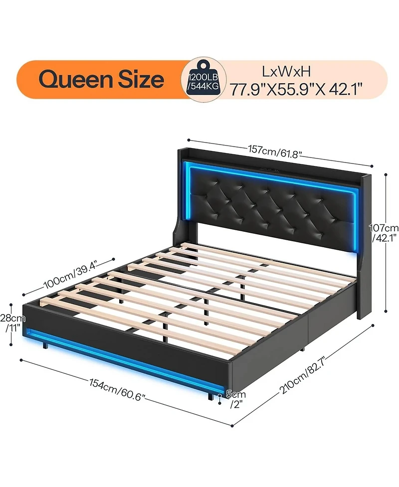 Slickblue Queen Size Upholstered Platform Bed Frame with Led Headboard and Built-In Charging Station