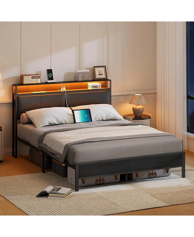 Slickblue Queen Size Metal Bed Frame with Led Headboard, Open Storage Shelves And Noise-Free Design