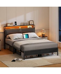 Slickblue Queen Size Metal Bed Frame with Led Headboard, Open Storage Shelves And Noise-Free Design