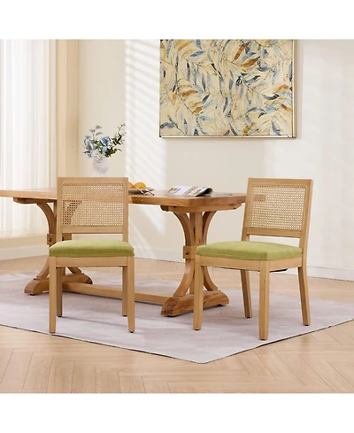 Maison Boucle Mid Century Modern Dining Chairs Set of 2, Farmhouse Rattan Cane Back Side Chairs, Linen Upholstered Seat, Solid Wood Frame