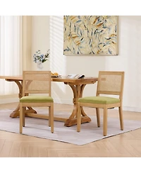 Maison Boucle Mid Century Modern Dining Chairs Set of 2, Farmhouse Rattan Cane Back Side Chairs, Linen Upholstered Seat, Solid Wood Frame