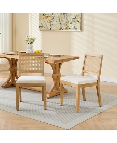 Maison Boucle Mid Century Modern Dining Chairs Set of 2, Farmhouse Rattan Cane Back Side Chairs, Linen Upholstered Seat, Solid Wood Frame