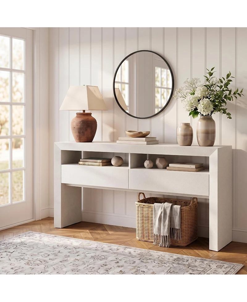 homfan Console Table with Drawers - 63" Farmhouse Entryway Open Storage Shelves, Narrow Sofa Behind Couch, Durable Pb+Mdf