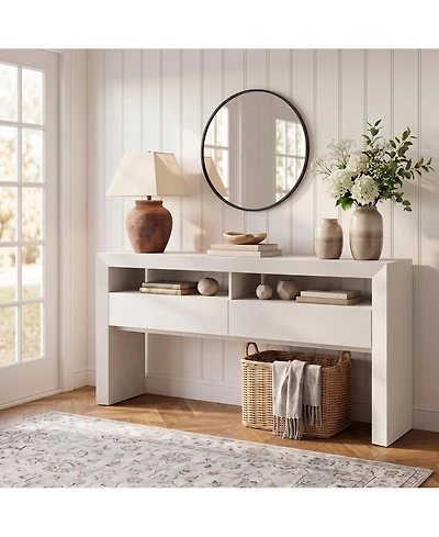 homfan Console Table with Drawers - 63" Farmhouse Entryway Open Storage Shelves, Narrow Sofa Behind Couch, Durable Pb+Mdf